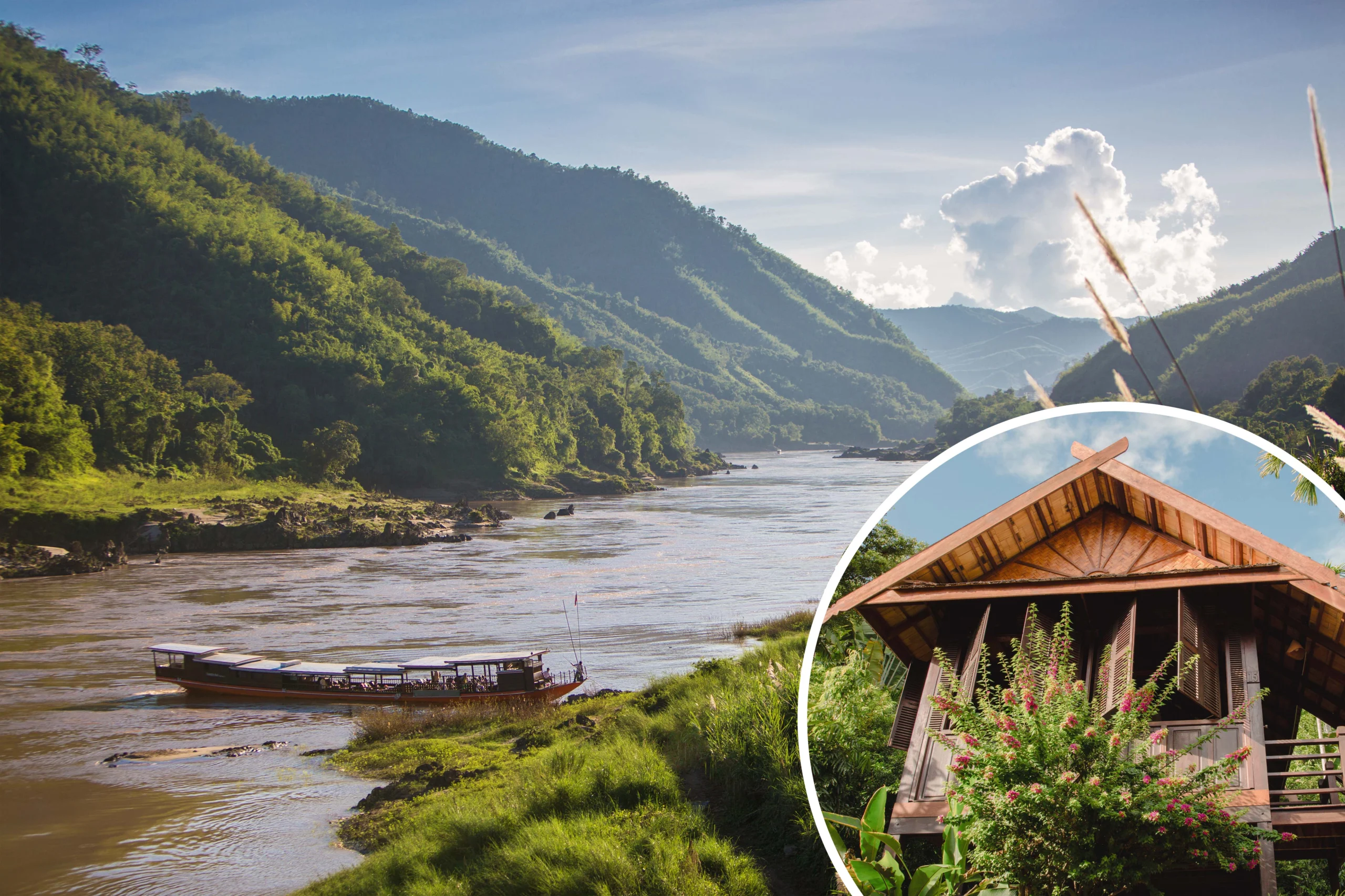 A Mekong Cruises boat under way on the river, with the Luang Say Lodge bungalow inset
